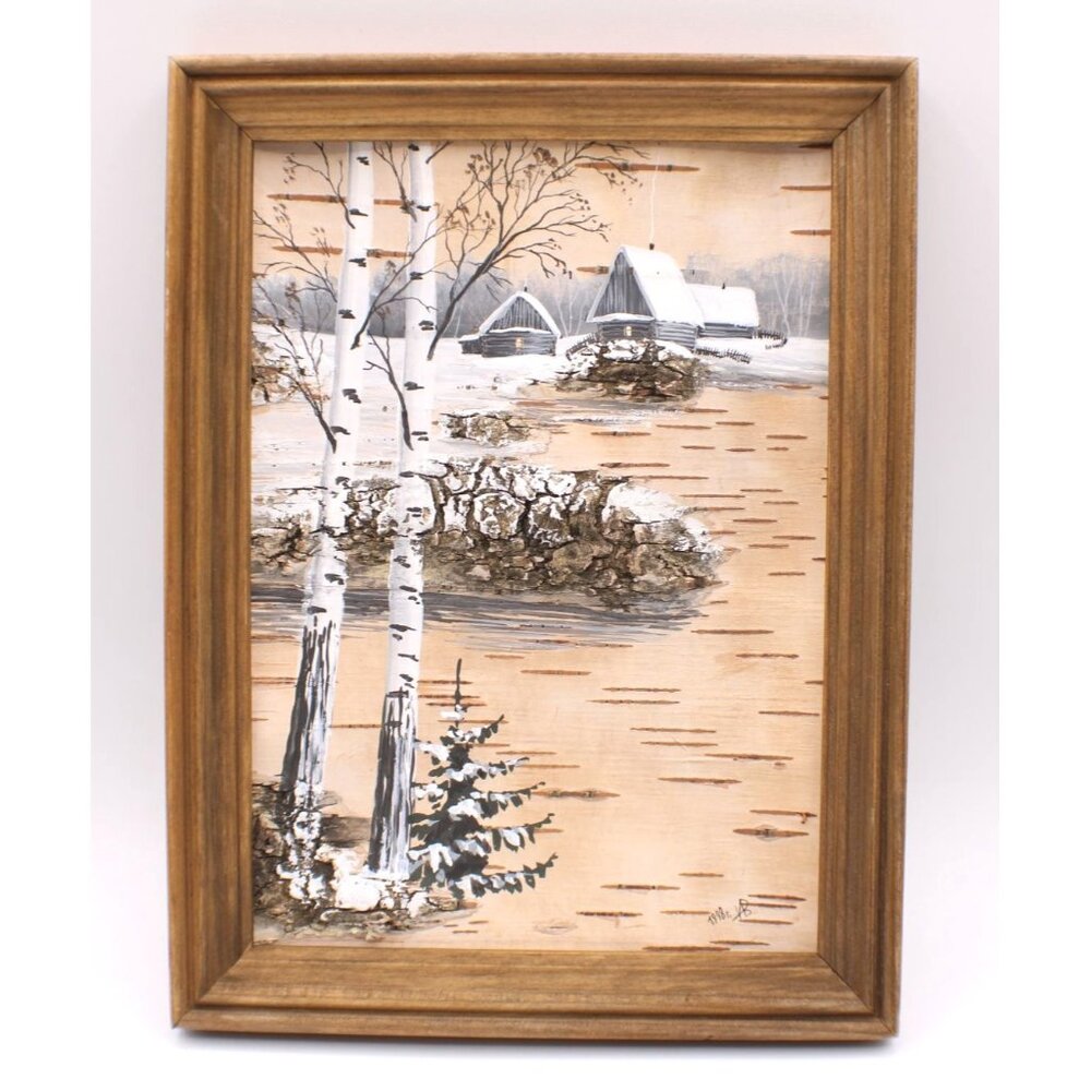 Hand-Painted on Bark Accented 3D Bark Winter Cabin Art Framed Signed 8x6" 1998